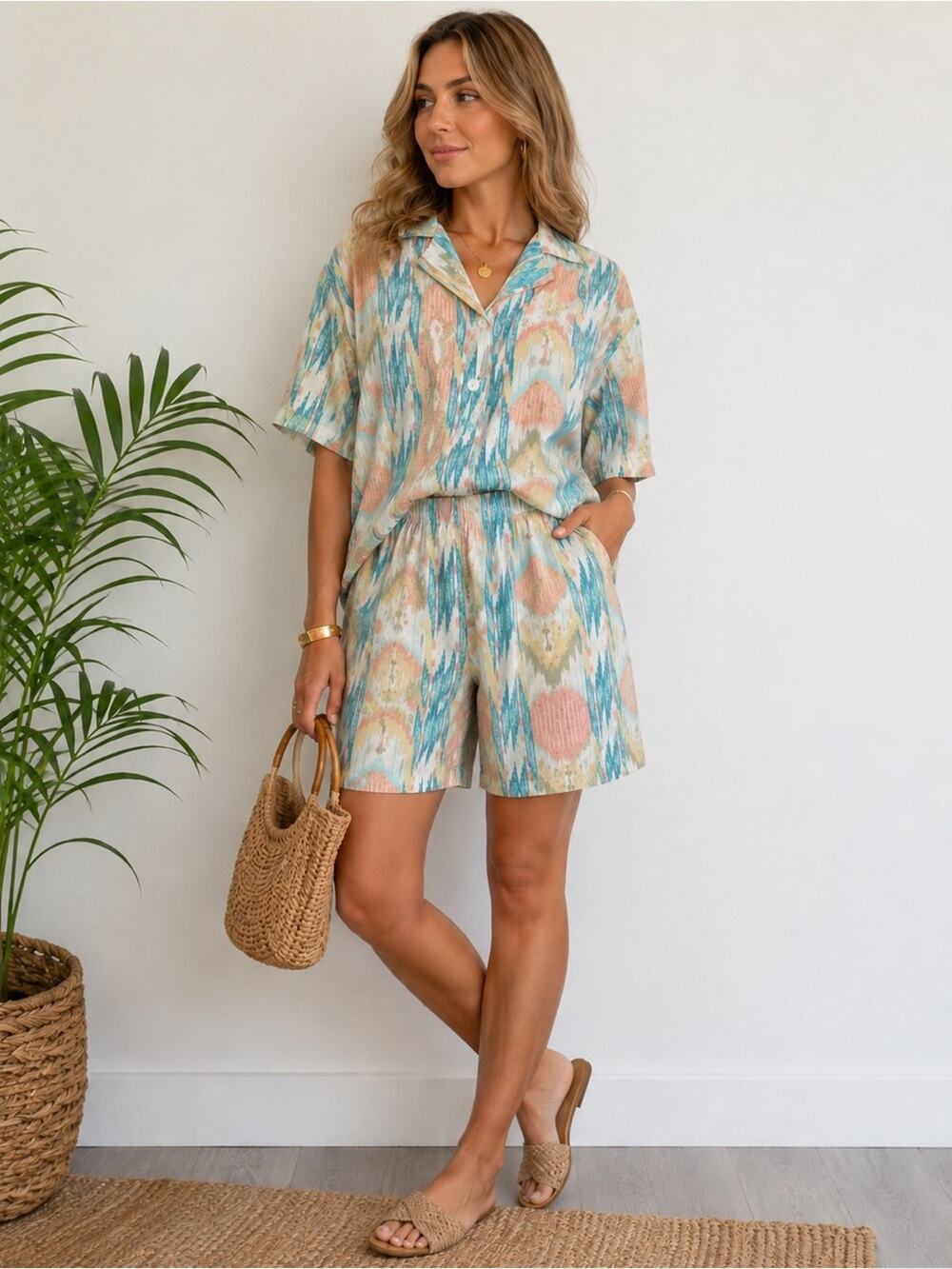 Vintage Womens Abstract Matching Set Large Coastal Resort Shirt & Shorts Boho